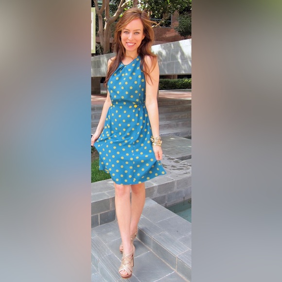 💙 Anthropologie 100% Silk Teal Polka Dot Dress - Picture 1 of 8